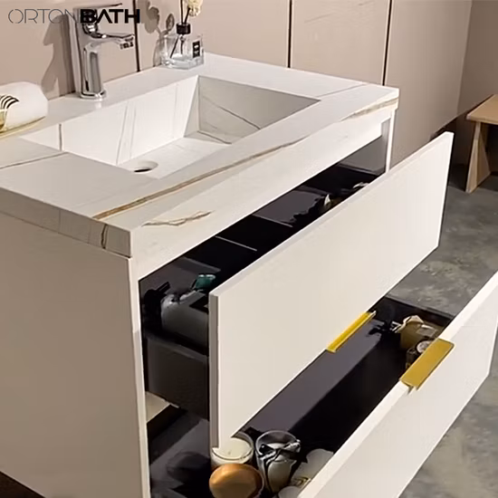 Europeu moderno e minimalista painel de madeira banheiro vaidade armários de parede móveis com gaveta e espelho